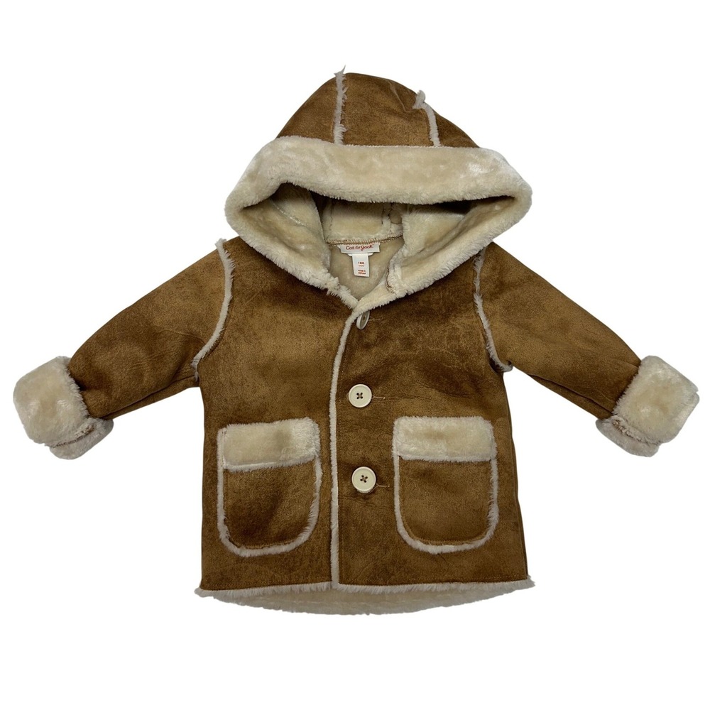 Cat & Jack Faux Suede Shearling Hooded Coat Brown Tan Sherpa Trim 18M Toddler